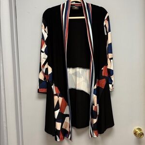 Vecceli Italy Geometric Print Open Front Kimono Cardigan Jacket Black Multicolor